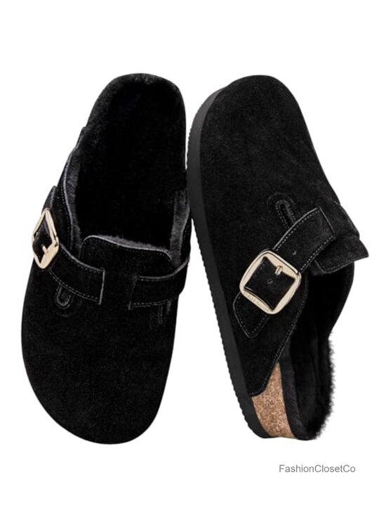 Shoes - Women's Fuzzy Suede Clogs Leather Mules Fur Lined Non Slip Shoes